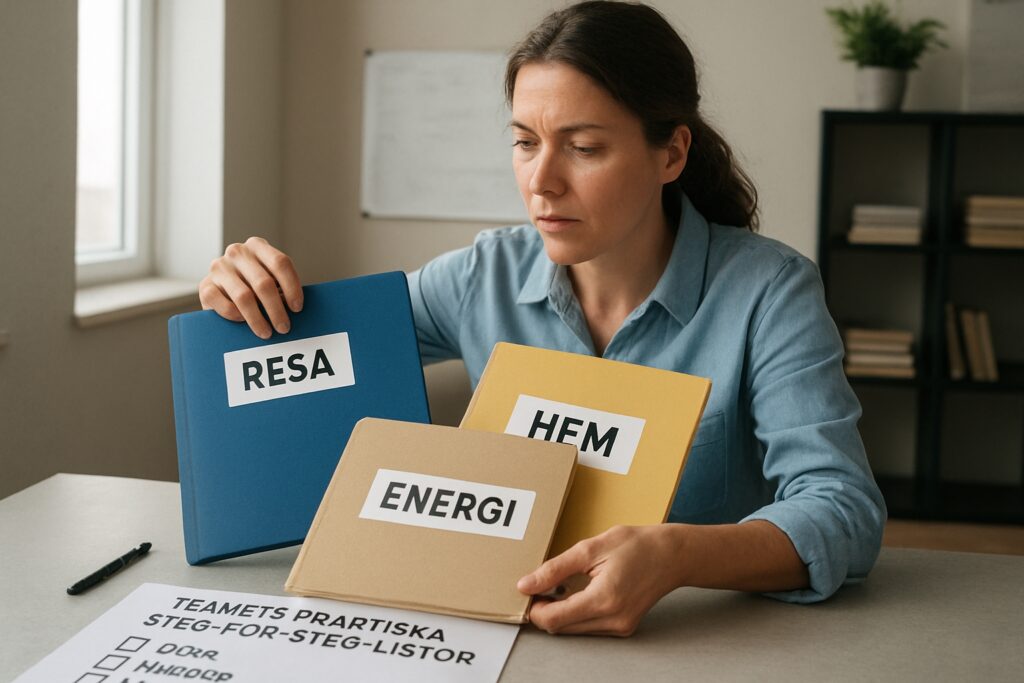 Teamets praktiska steg-för-steg-listor för resa, boende och energival